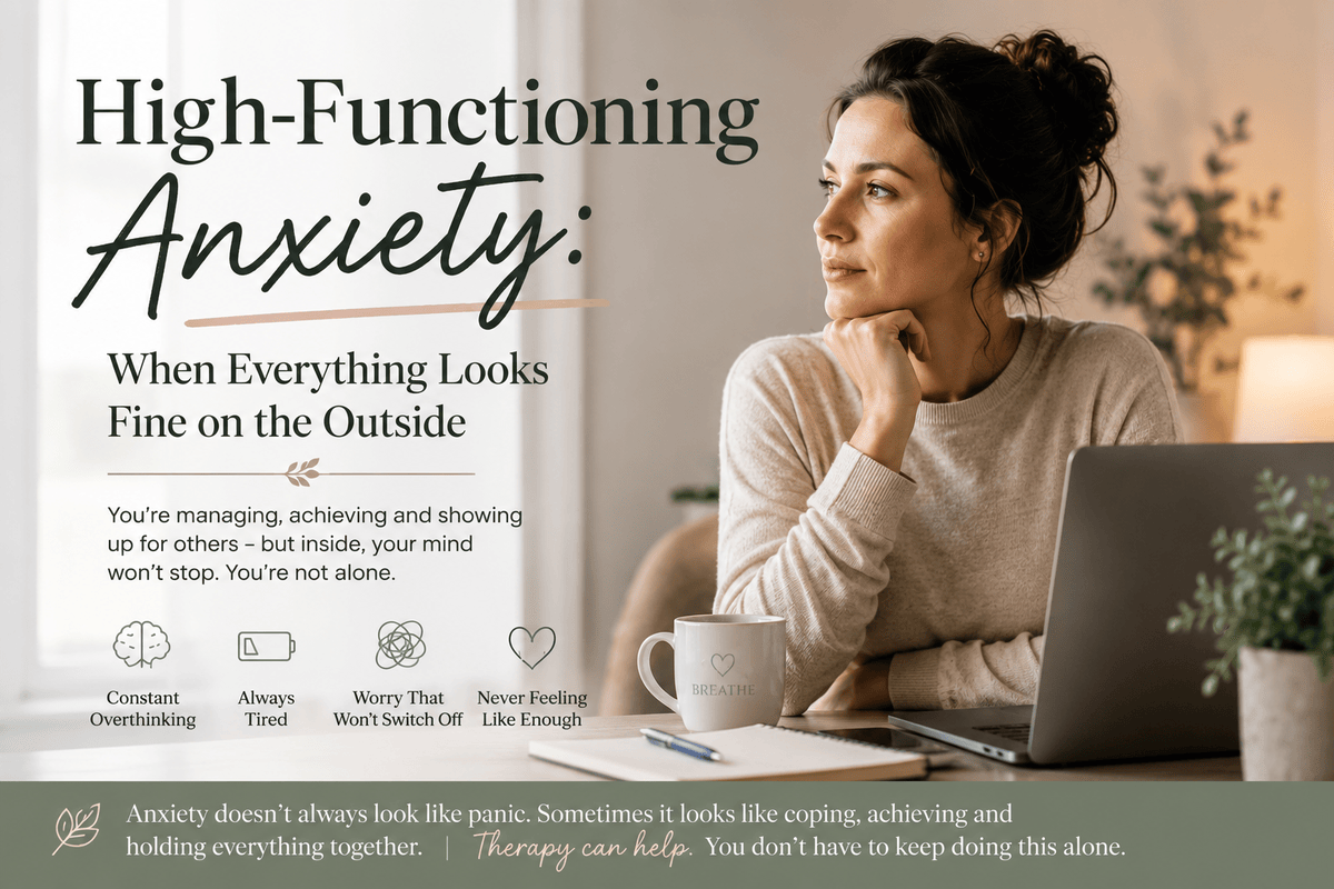Woman appearing calm and successful while struggling with high-functioning anxiety